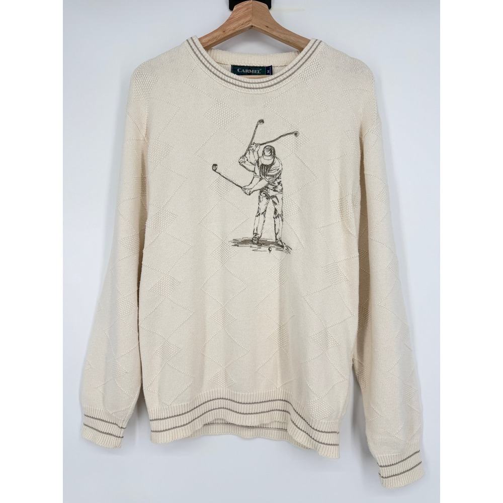 Vintage Carmel 90s Cream Embroidered Golf Golfer‎ Pullover Sweater Sz M USA Made